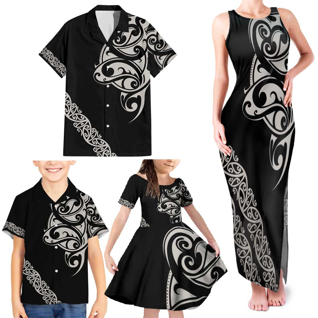All Black Maori Tribal Tattoo Personalised Family Matching Tank Maxi Dress and Hawaiian Shirt Stone Gray Polynesian Style - Polynesian Pride