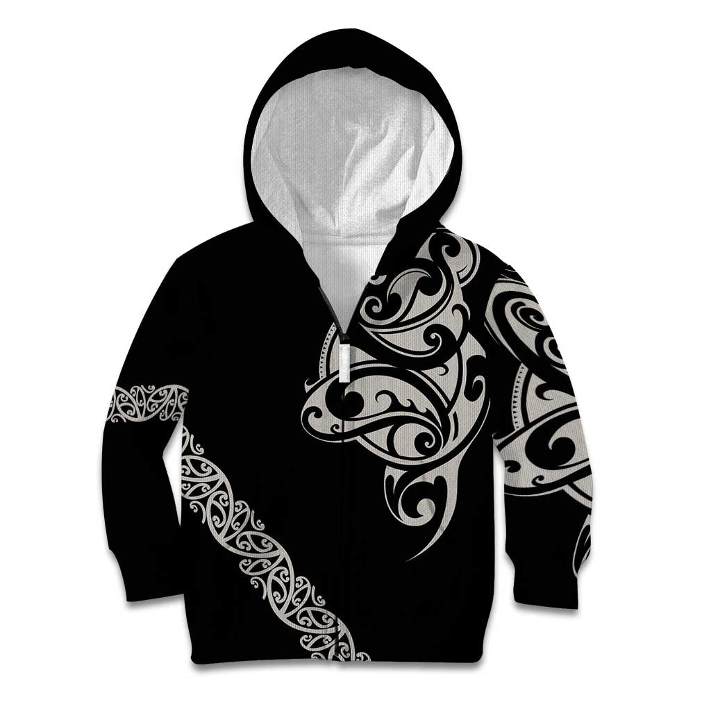 All Black Maori Tribal Tattoo Personalised Kid Hoodie Stone Gray Polynesian Style - Polynesian Pride
