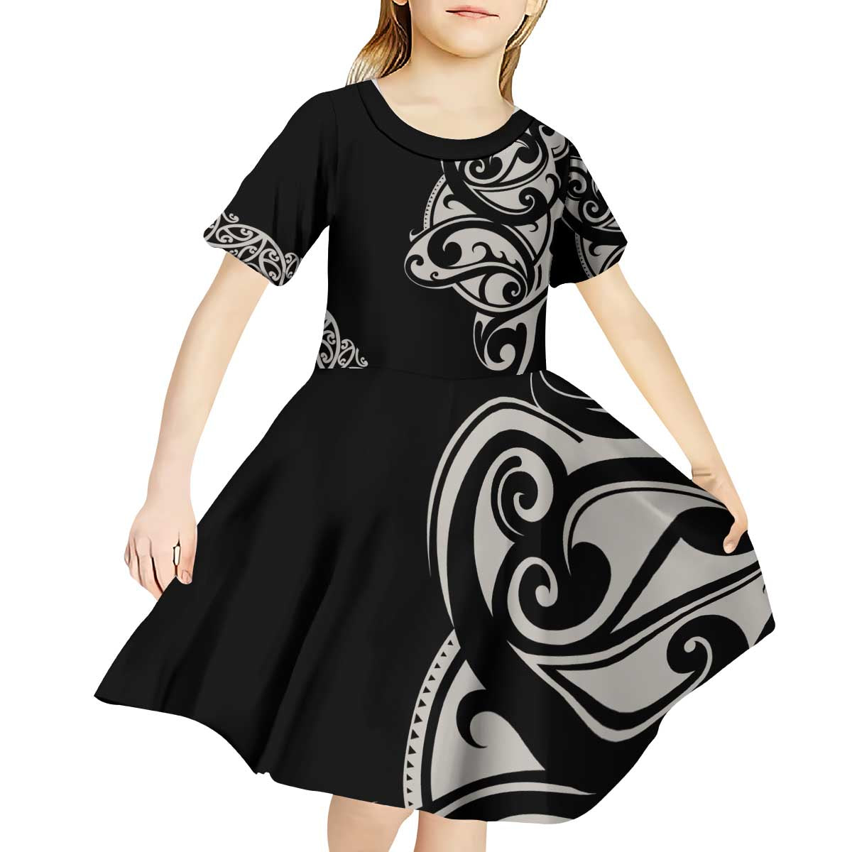 All Black Maori Tribal Tattoo Personalised Kid Short Sleeve Dress Stone Gray Polynesian Style - Polynesian Pride