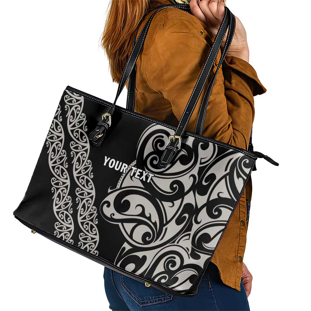 All Black Maori Tribal Tattoo Personalised Leather Tote Bag Stone Gray Polynesian Style - Polynesian Pride