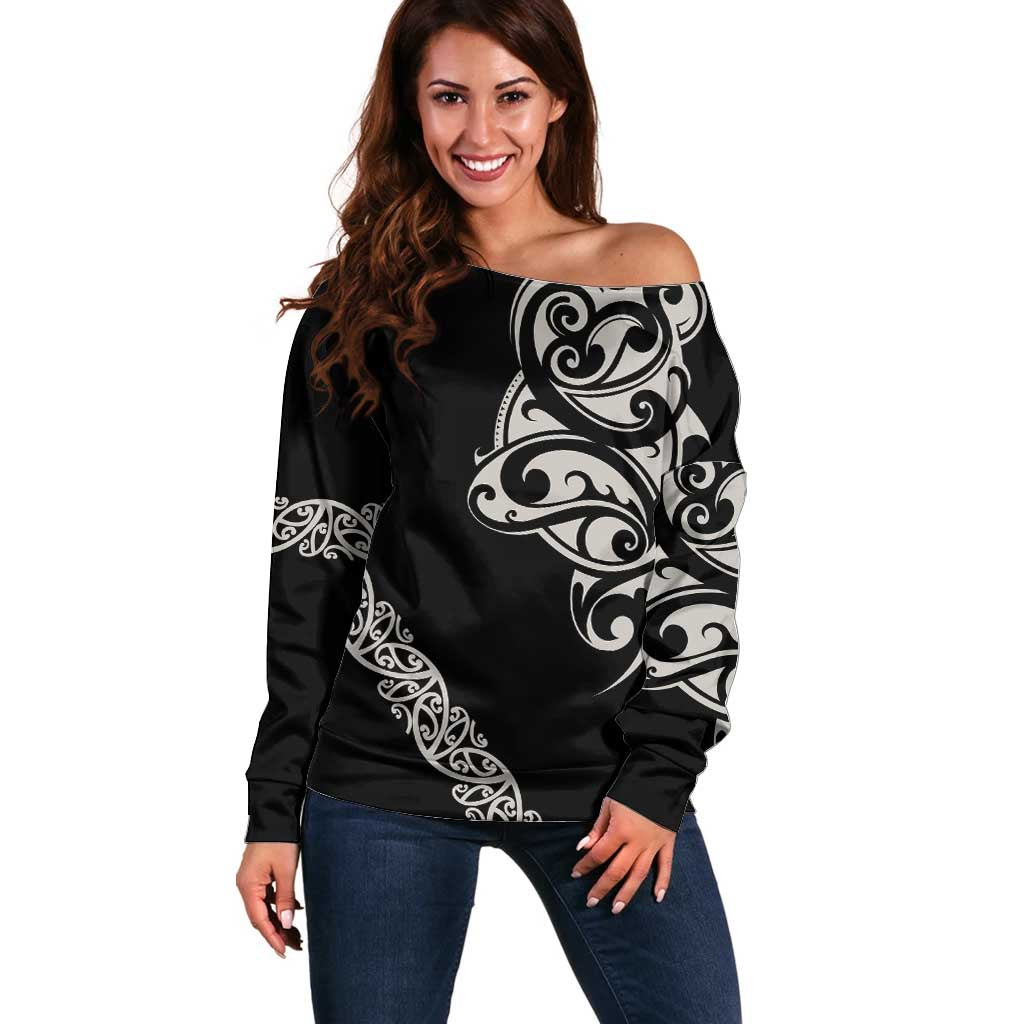 All Black Maori Tribal Tattoo Personalised Off Shoulder Sweater Stone Gray Polynesian Style - Polynesian Pride