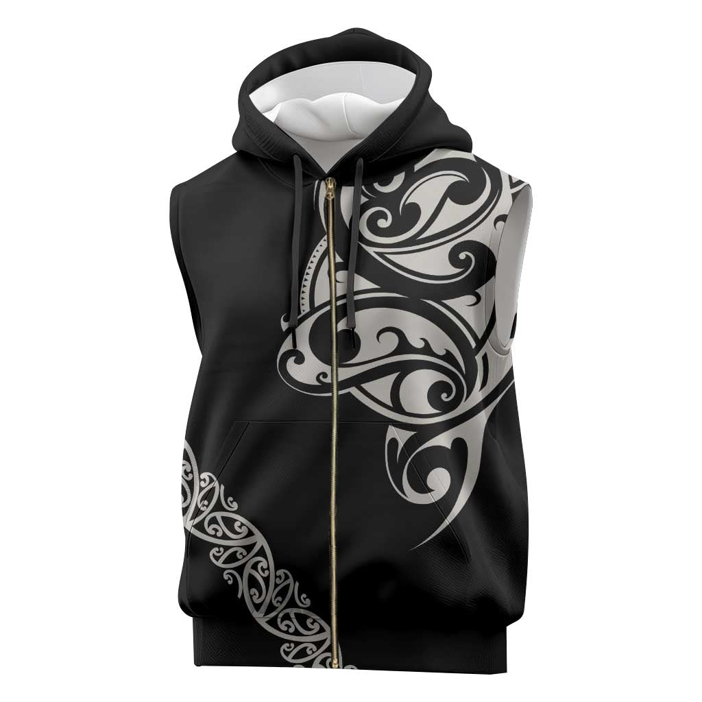 All Black Maori Tribal Tattoo Personalised Sleeveless Zip Hoodie Stone Gray Polynesian Style - Polynesian Pride
