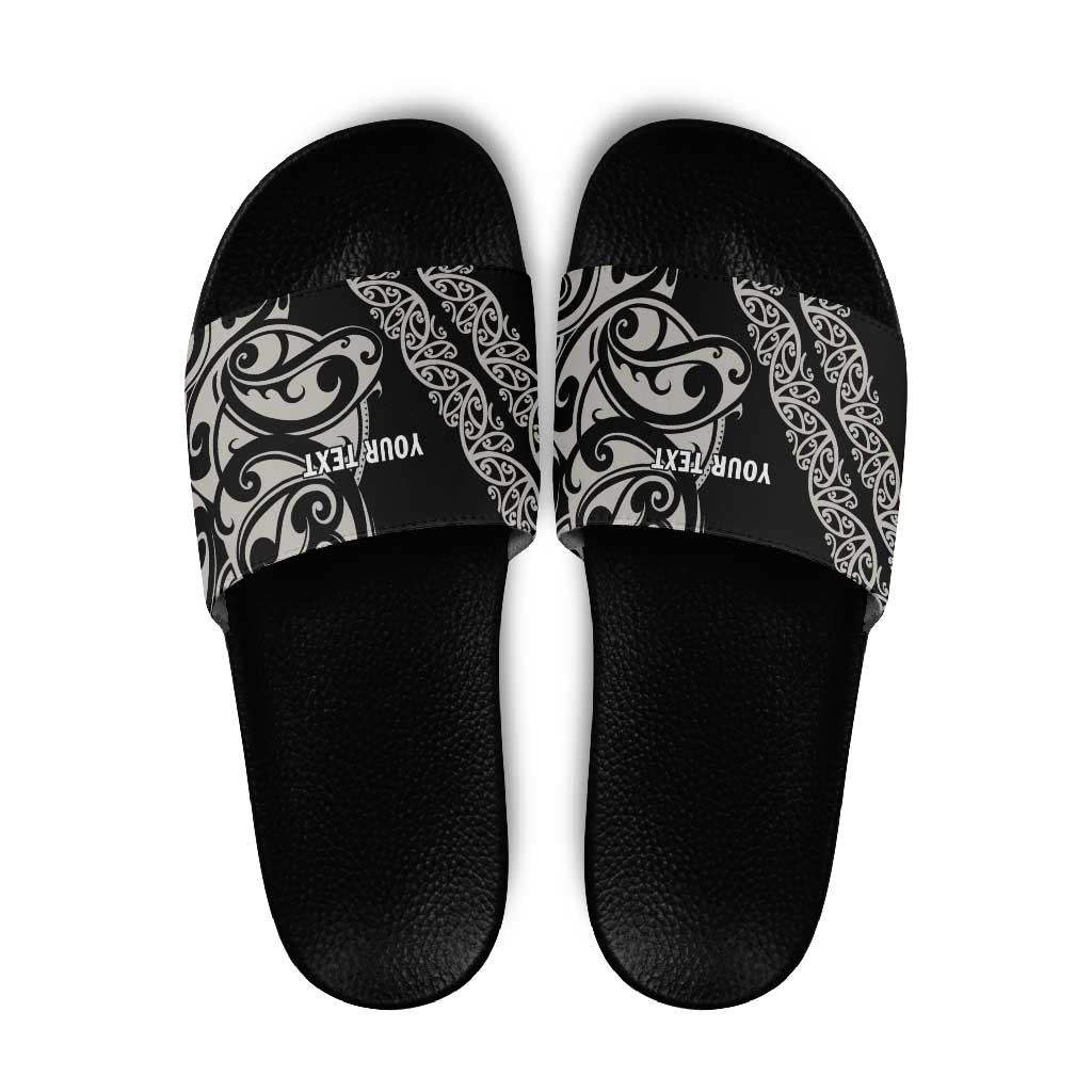 All Black Maori Tribal Tattoo Personalised Slide Sandals Stone Gray Polynesian Style - Polynesian Pride