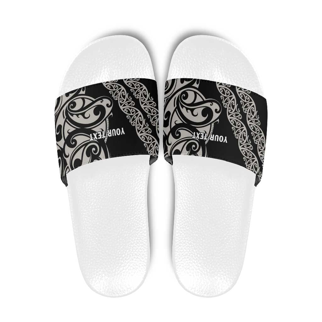 All Black Maori Tribal Tattoo Personalised Slide Sandals Stone Gray Polynesian Style - Polynesian Pride