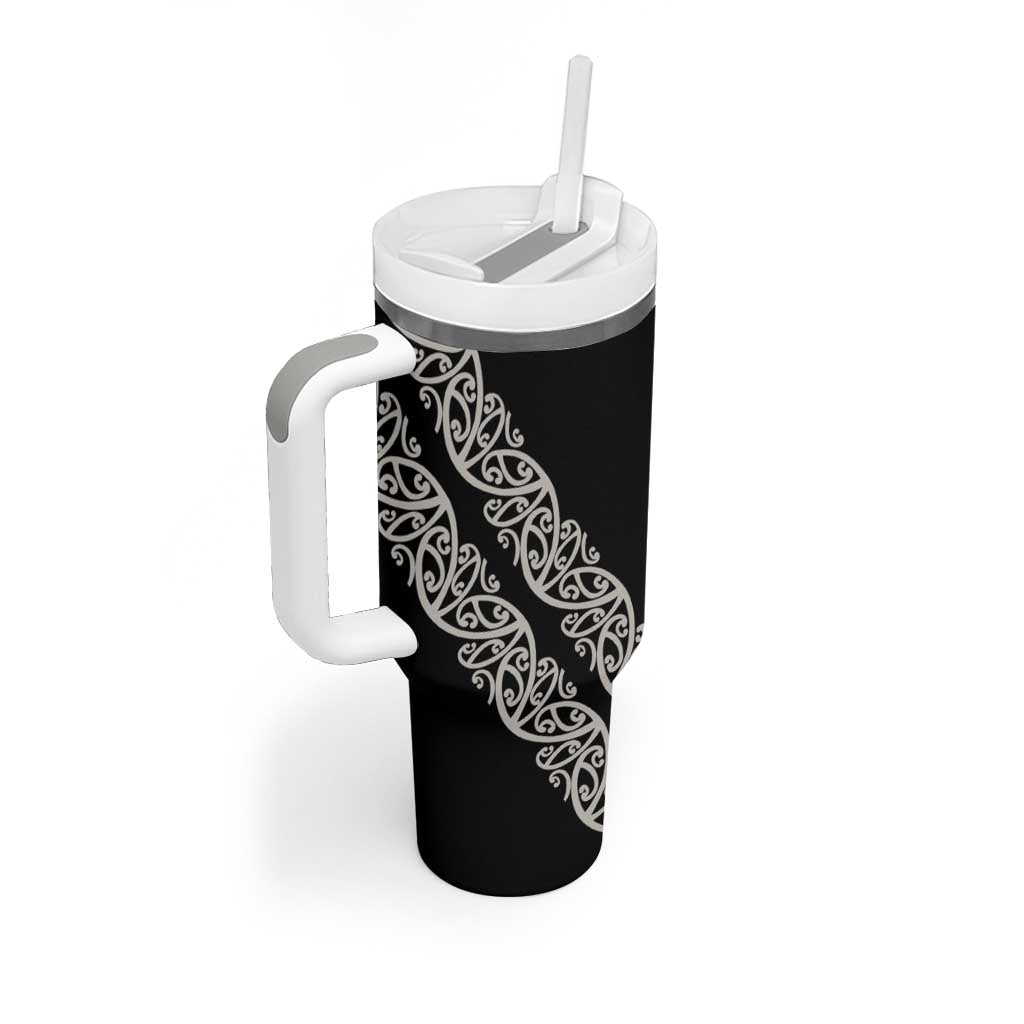 All Black Maori Tribal Tattoo Personalised Tumbler With Handle Stone Gray Polynesian Style - Polynesian Pride
