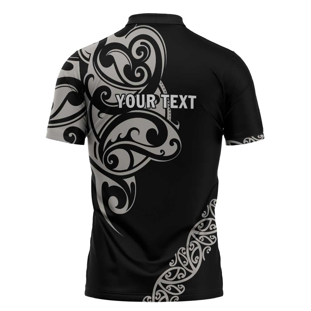 All Black Maori Tribal Tattoo Personalised Zipper Polo Shirt Stone Gray Polynesian Style - Polynesian Pride
