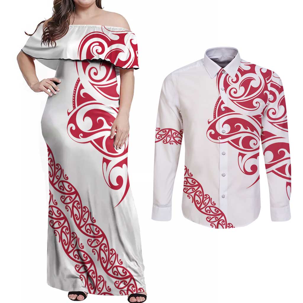 All White Maori Tribal Tattoo Personalised Couples Matching Off Shoulder Maxi Dress and Long Sleeve Button Shirt Classic Red Polynesian Style - Polynesian Pride