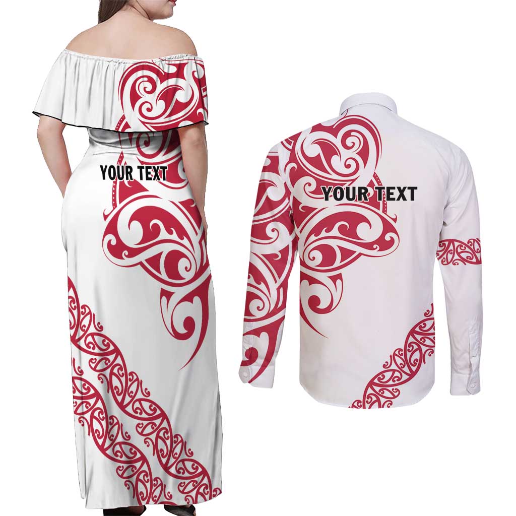 All White Maori Tribal Tattoo Personalised Couples Matching Off Shoulder Maxi Dress and Long Sleeve Button Shirt Classic Red Polynesian Style - Polynesian Pride