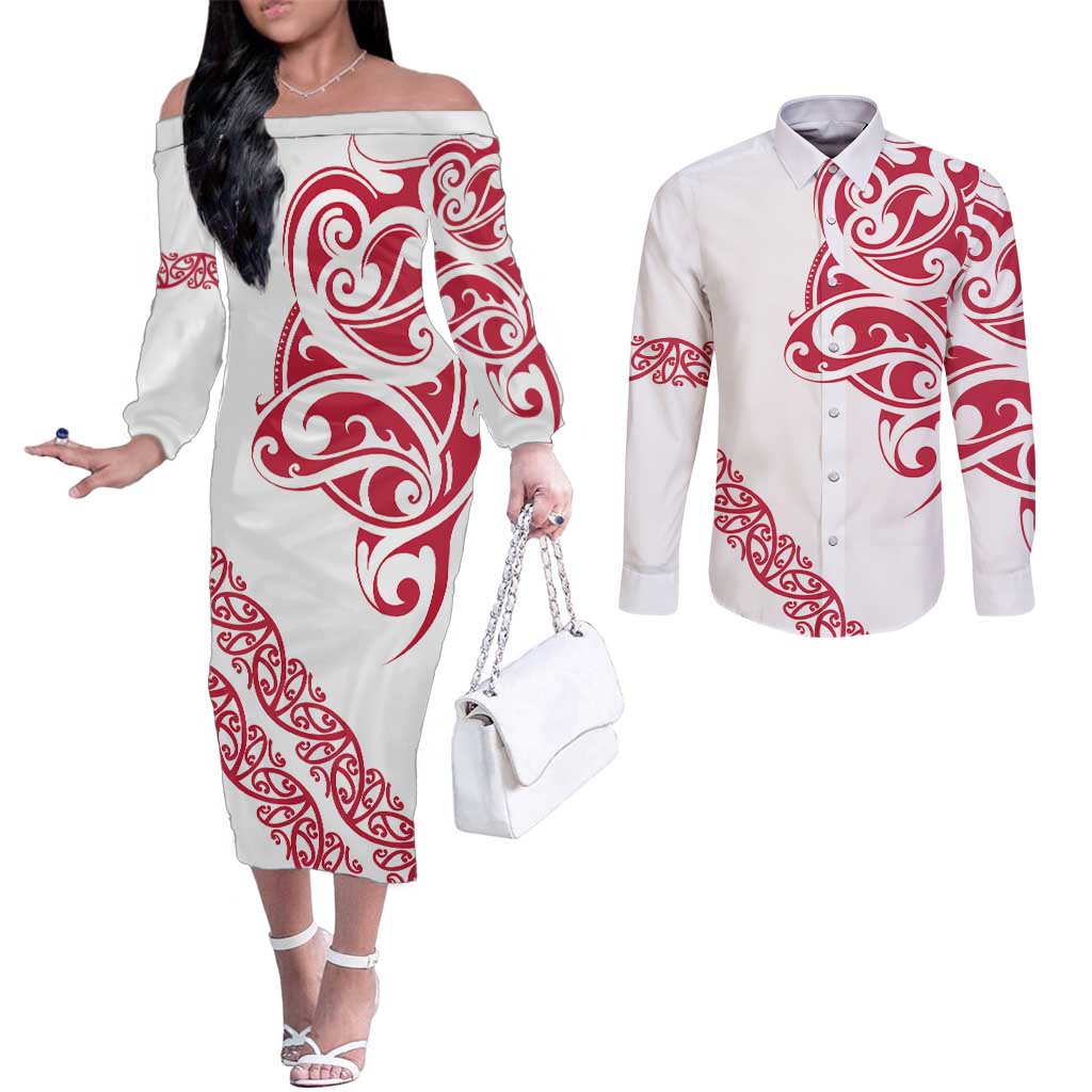 All White Maori Tribal Tattoo Personalised Couples Matching Off The Shoulder Long Sleeve Dress and Long Sleeve Button Shirt Classic Red Polynesian Style - Polynesian Pride