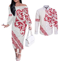 All White Maori Tribal Tattoo Personalised Couples Matching Off The Shoulder Long Sleeve Dress and Long Sleeve Button Shirt Classic Red Polynesian Style - Polynesian Pride