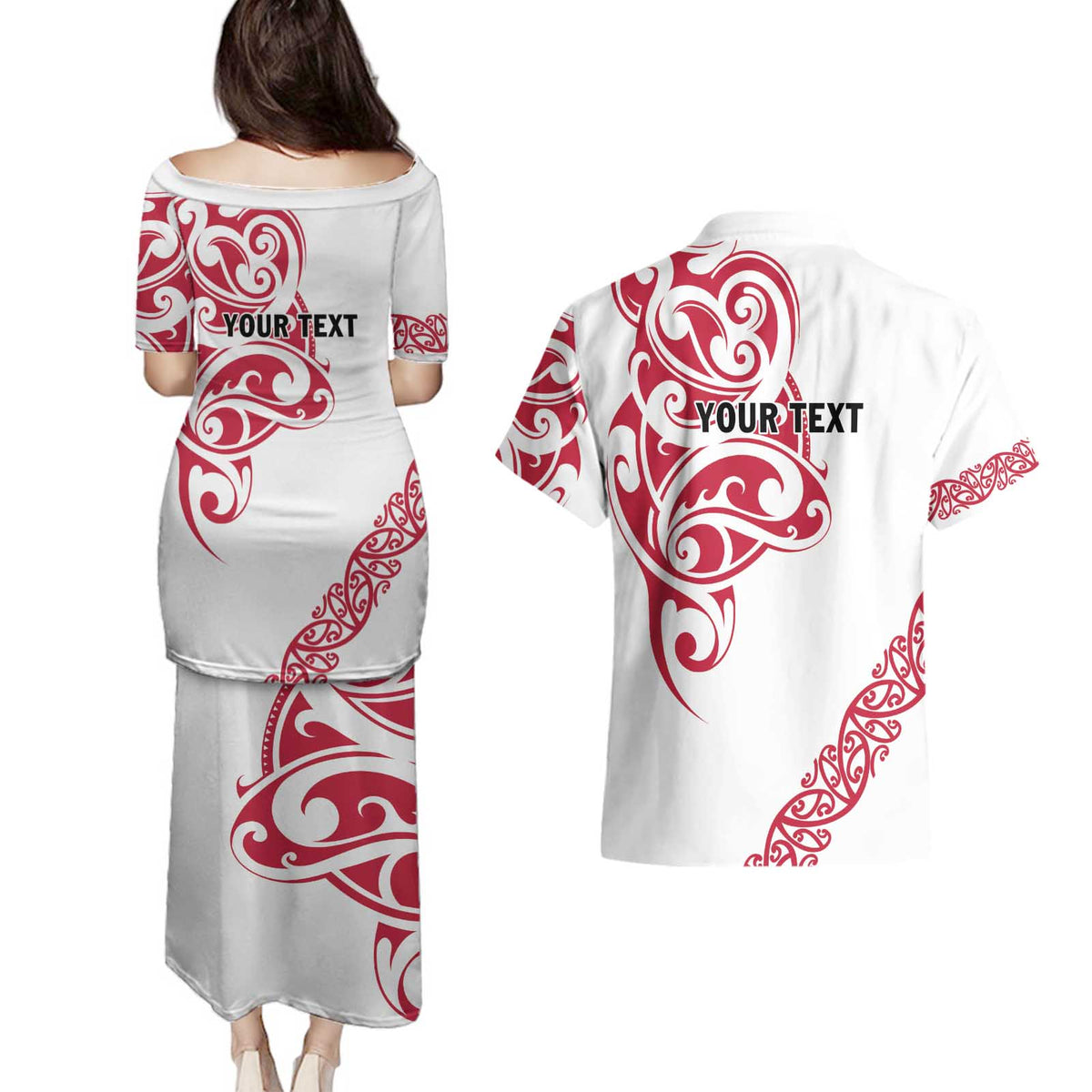 All White Maori Tribal Tattoo Personalised Couples Matching Puletasi and Hawaiian Shirt Classic Red Polynesian Style - Polynesian Pride
