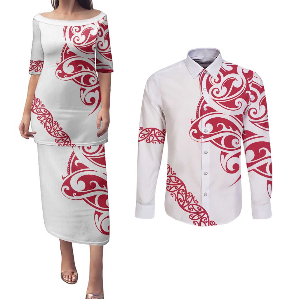 All White Maori Tribal Tattoo Personalised Couples Matching Puletasi and Long Sleeve Button Shirt Classic Red Polynesian Style - Polynesian Pride