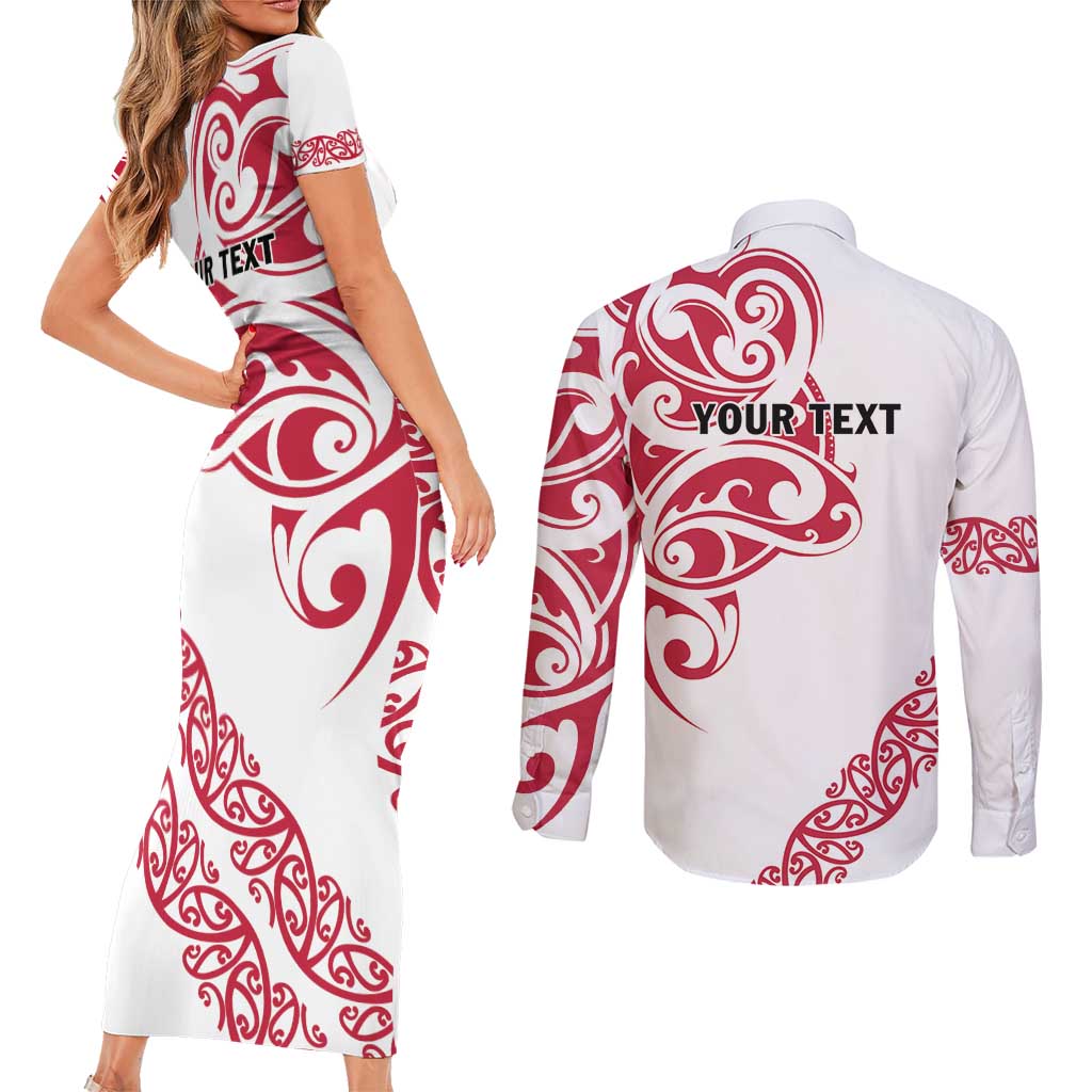 All White Maori Tribal Tattoo Personalised Couples Matching Short Sleeve Bodycon Dress and Long Sleeve Button Shirt Classic Red Polynesian Style - Polynesian Pride