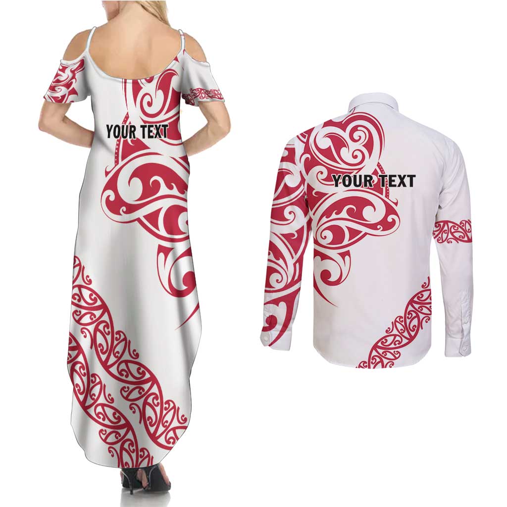 All White Maori Tribal Tattoo Personalised Couples Matching Summer Maxi Dress and Long Sleeve Button Shirt Classic Red Polynesian Style - Polynesian Pride