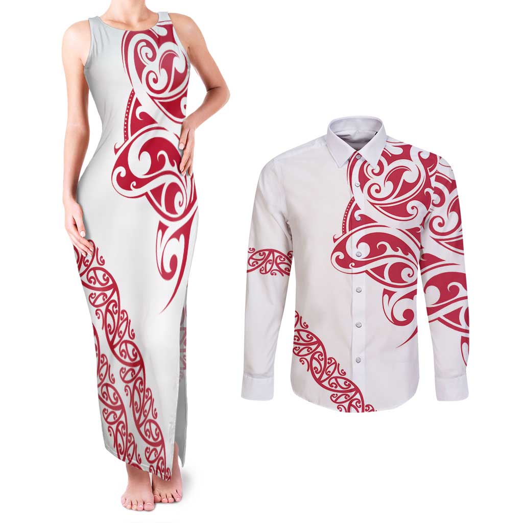 All White Maori Tribal Tattoo Personalised Couples Matching Tank Maxi Dress and Long Sleeve Button Shirt Classic Red Polynesian Style - Polynesian Pride
