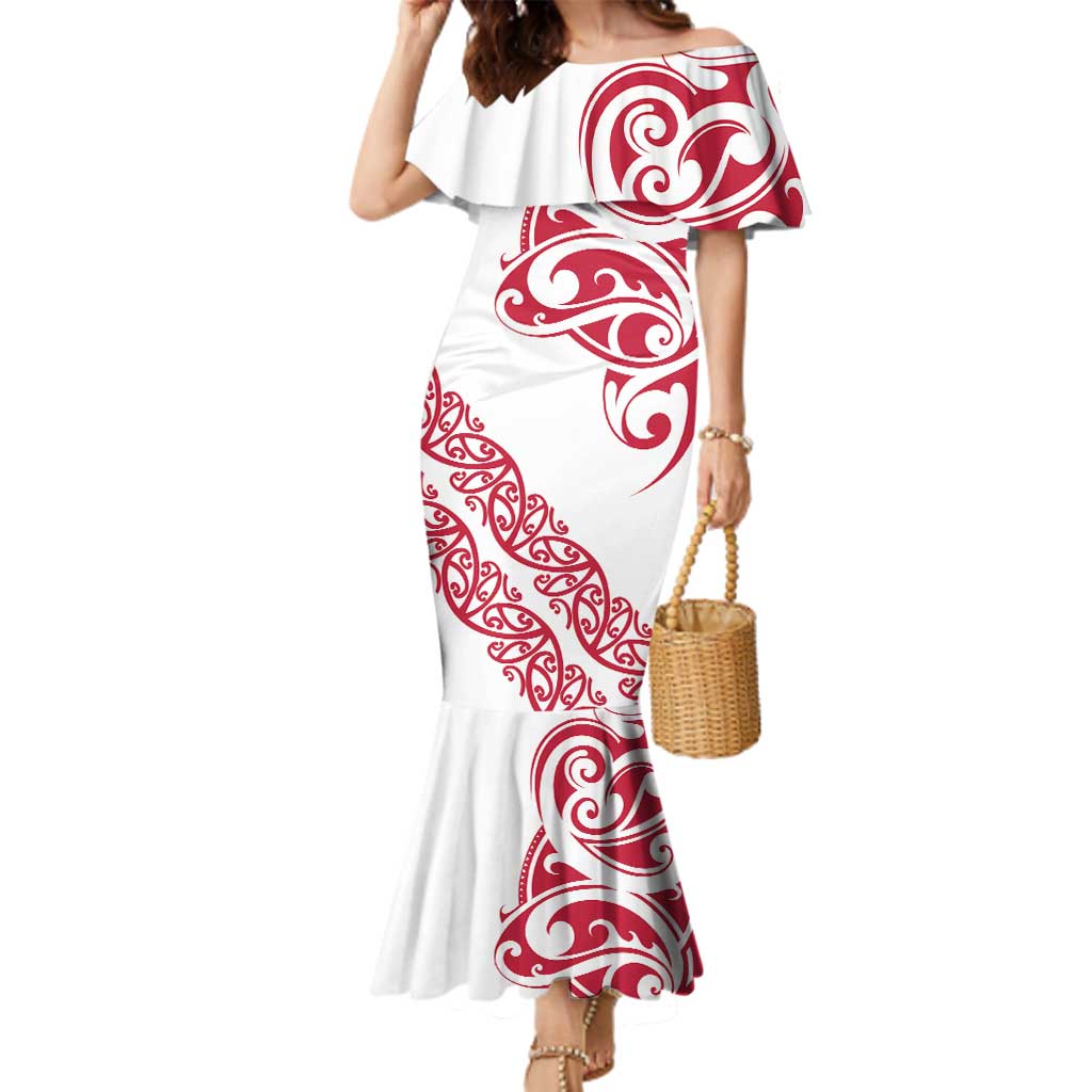 All White Maori Tribal Tattoo Personalised Family Matching Mermaid Dress and Hawaiian Shirt Classic Red Polynesian Style - Polynesian Pride