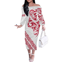 All White Maori Tribal Tattoo Personalised Family Matching Off The Shoulder Long Sleeve Dress and Hawaiian Shirt Classic Red Polynesian Style - Polynesian Pride