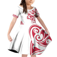 All White Maori Tribal Tattoo Personalised Family Matching Off Shoulder Short Dress and Hawaiian Shirt Classic Red Polynesian Style - Polynesian Pride