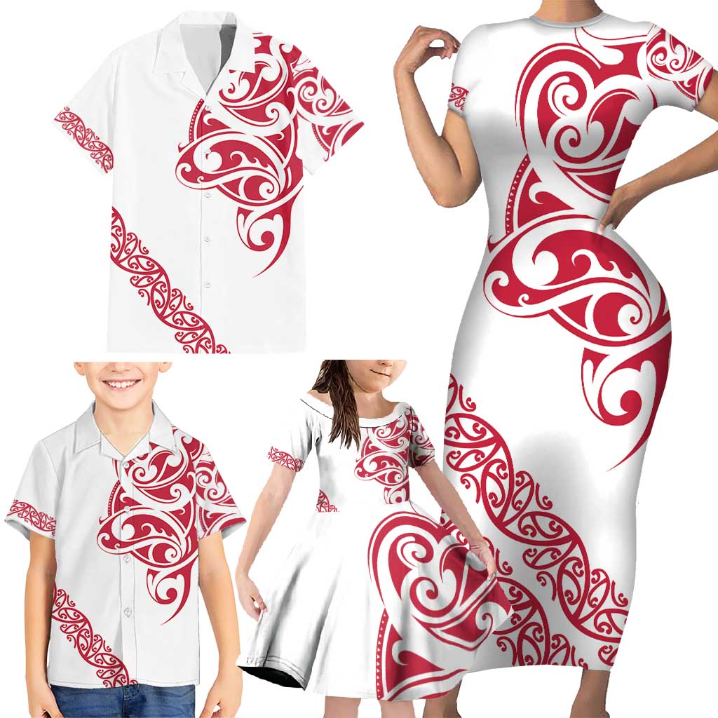 All White Maori Tribal Tattoo Personalised Family Matching Short Sleeve Bodycon Dress and Hawaiian Shirt Classic Red Polynesian Style - Polynesian Pride