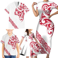All White Maori Tribal Tattoo Personalised Family Matching Short Sleeve Bodycon Dress and Hawaiian Shirt Classic Red Polynesian Style - Polynesian Pride