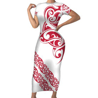 All White Maori Tribal Tattoo Personalised Family Matching Short Sleeve Bodycon Dress and Hawaiian Shirt Classic Red Polynesian Style - Polynesian Pride