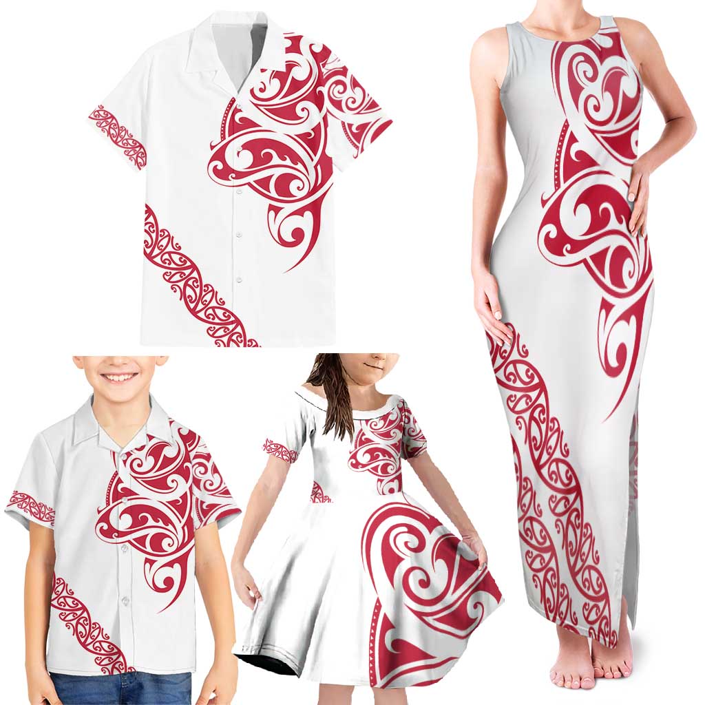 All White Maori Tribal Tattoo Personalised Family Matching Tank Maxi Dress and Hawaiian Shirt Classic Red Polynesian Style - Polynesian Pride