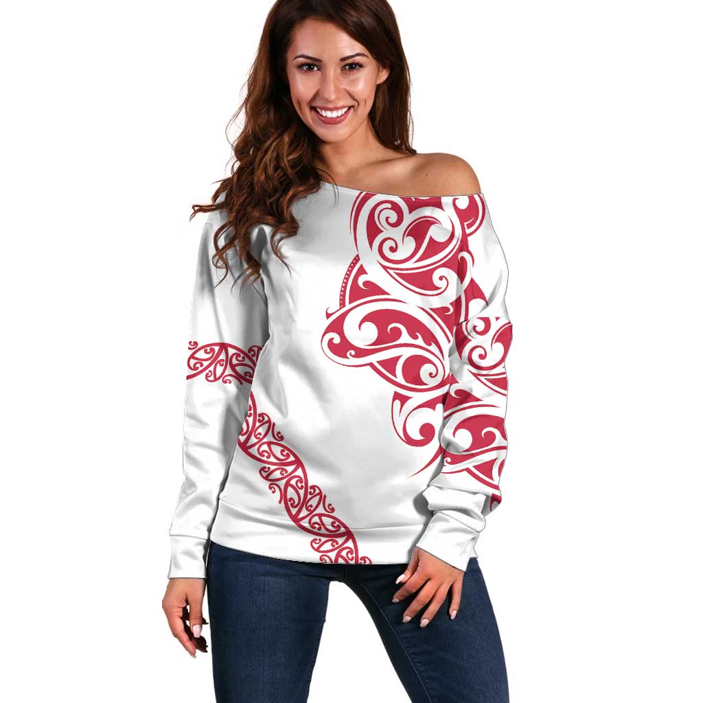 All White Maori Tribal Tattoo Personalised Off Shoulder Sweater Classic Red Polynesian Style - Polynesian Pride