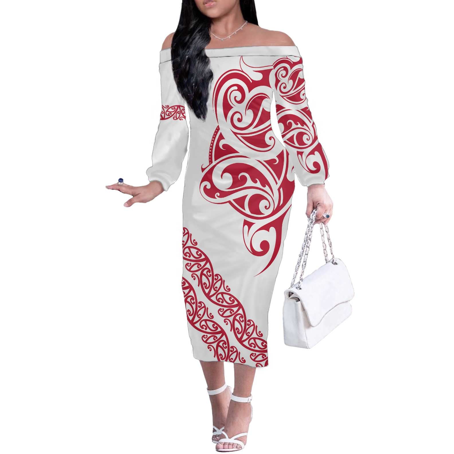 All White Maori Tribal Tattoo Personalised Off The Shoulder Long Sleeve Dress Classic Red Polynesian Style - Polynesian Pride