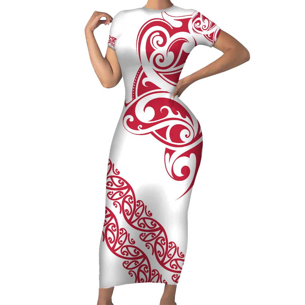 All White Maori Tribal Tattoo Personalised Short Sleeve Bodycon Dress Classic Red Polynesian Style - Polynesian Pride