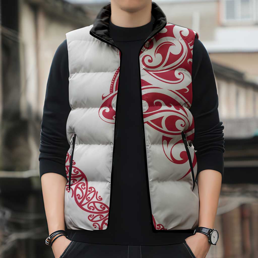 All White Maori Tribal Tattoo Personalised Sleeveless Puffer Jacket Classic Red Polynesian Style - Polynesian Pride