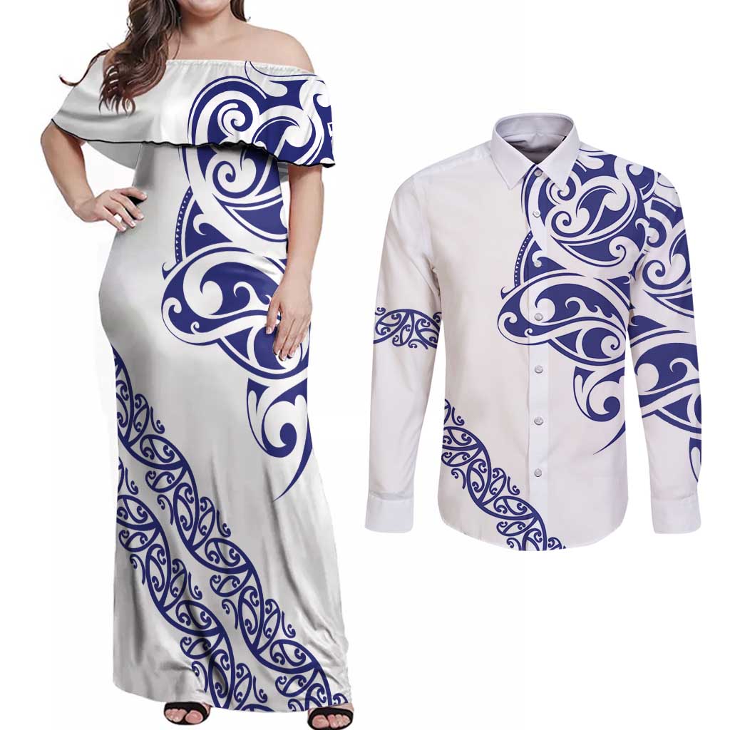 All White Maori Tribal Tattoo Personalised Couples Matching Off Shoulder Maxi Dress and Long Sleeve Button Shirt Dark Blue Polynesian Style - Polynesian Pride