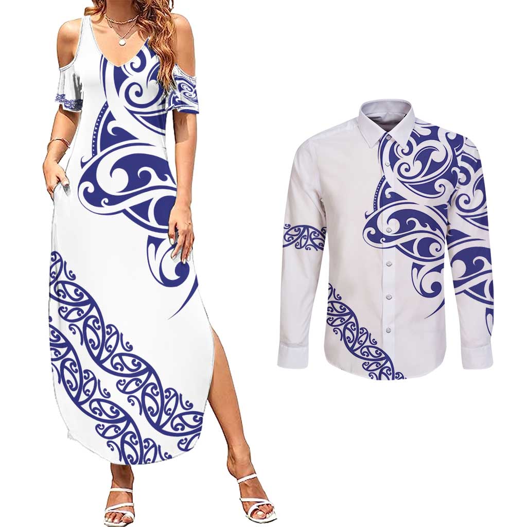 All White Maori Tribal Tattoo Personalised Couples Matching Summer Maxi Dress and Long Sleeve Button Shirt Dark Blue Polynesian Style - Polynesian Pride