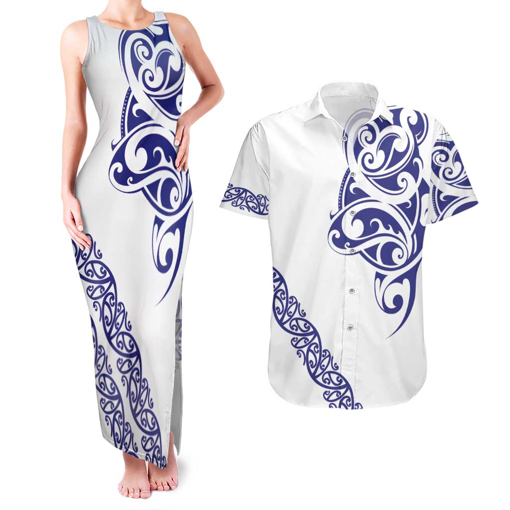 All White Maori Tribal Tattoo Personalised Couples Matching Tank Maxi Dress and Hawaiian Shirt Dark Blue Polynesian Style - Polynesian Pride