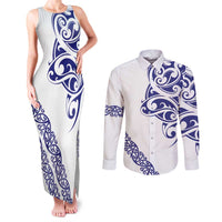 All White Maori Tribal Tattoo Personalised Couples Matching Tank Maxi Dress and Long Sleeve Button Shirt Dark Blue Polynesian Style - Polynesian Pride