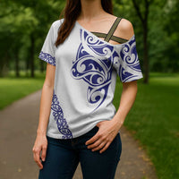 All White Maori Tribal Tattoo Personalised Cross Shoulder Shirt Dark Blue Polynesian Style - Polynesian Pride