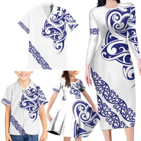 All White Maori Tribal Tattoo Personalised Family Matching Long Sleeve Bodycon Dress and Hawaiian Shirt Dark Blue Polynesian Style - Polynesian Pride