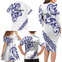 All White Maori Tribal Tattoo Personalised Family Matching Long Sleeve Bodycon Dress and Hawaiian Shirt Dark Blue Polynesian Style - Polynesian Pride