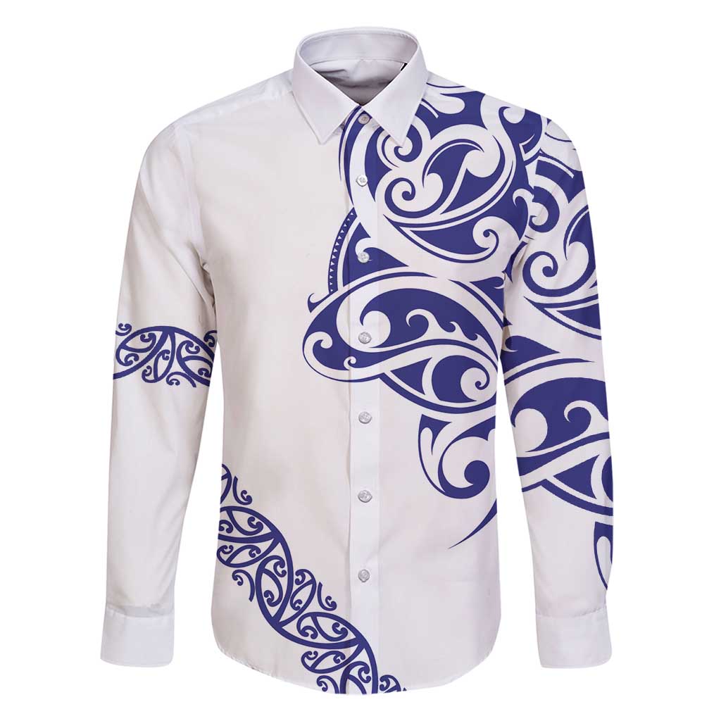 All White Maori Tribal Tattoo Personalised Family Matching Long Sleeve Bodycon Dress and Hawaiian Shirt Dark Blue Polynesian Style - Polynesian Pride