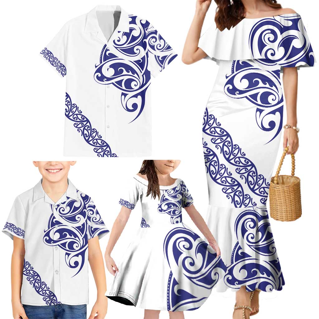 All White Maori Tribal Tattoo Personalised Family Matching Mermaid Dress and Hawaiian Shirt Dark Blue Polynesian Style - Polynesian Pride