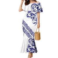 All White Maori Tribal Tattoo Personalised Family Matching Mermaid Dress and Hawaiian Shirt Dark Blue Polynesian Style - Polynesian Pride