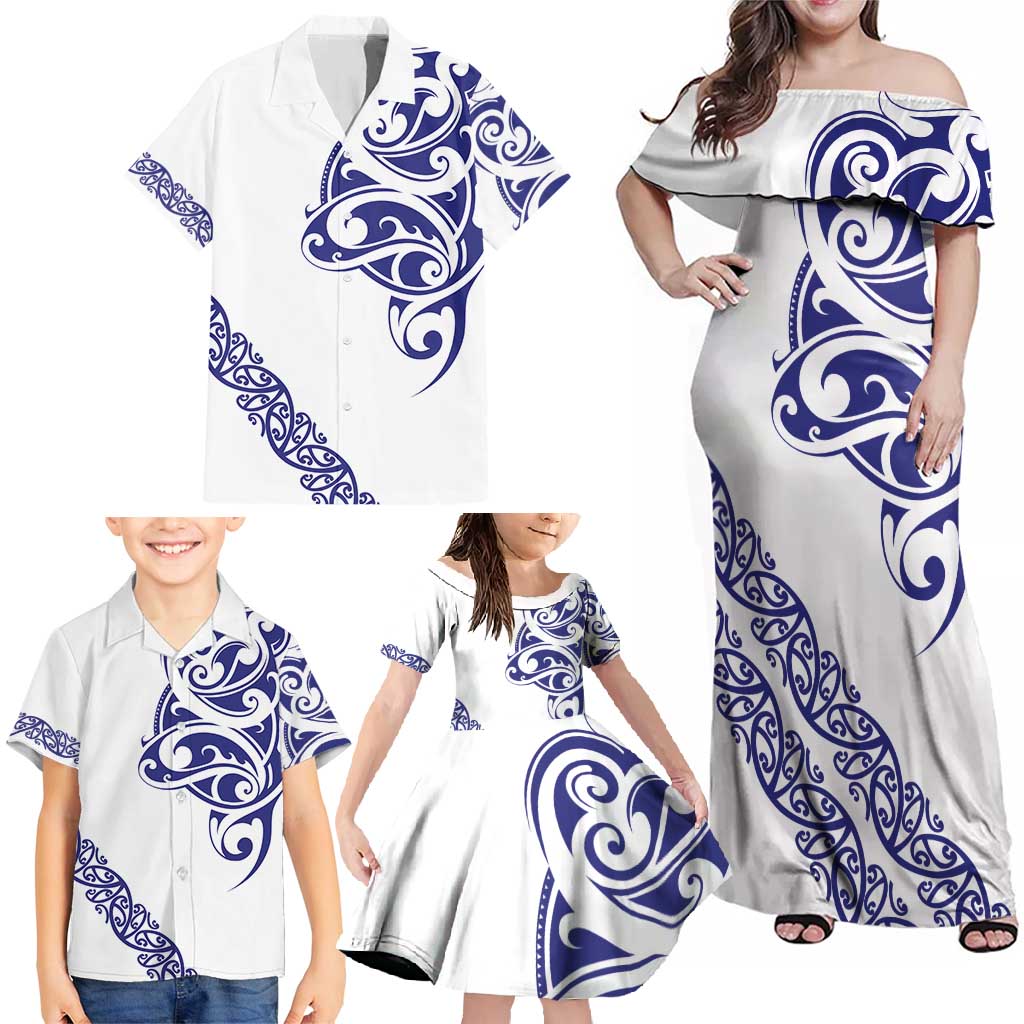 All White Maori Tribal Tattoo Personalised Family Matching Off Shoulder Maxi Dress and Hawaiian Shirt Dark Blue Polynesian Style - Polynesian Pride