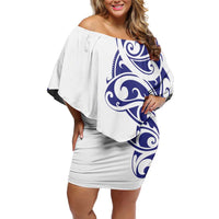 All White Maori Tribal Tattoo Personalised Family Matching Off Shoulder Short Dress and Hawaiian Shirt Dark Blue Polynesian Style - Polynesian Pride