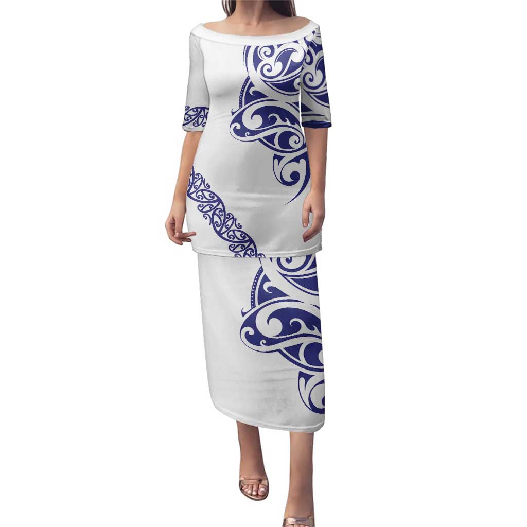 All White Maori Tribal Tattoo Personalised Family Matching Puletasi and Hawaiian Shirt Dark Blue Polynesian Style - Polynesian Pride