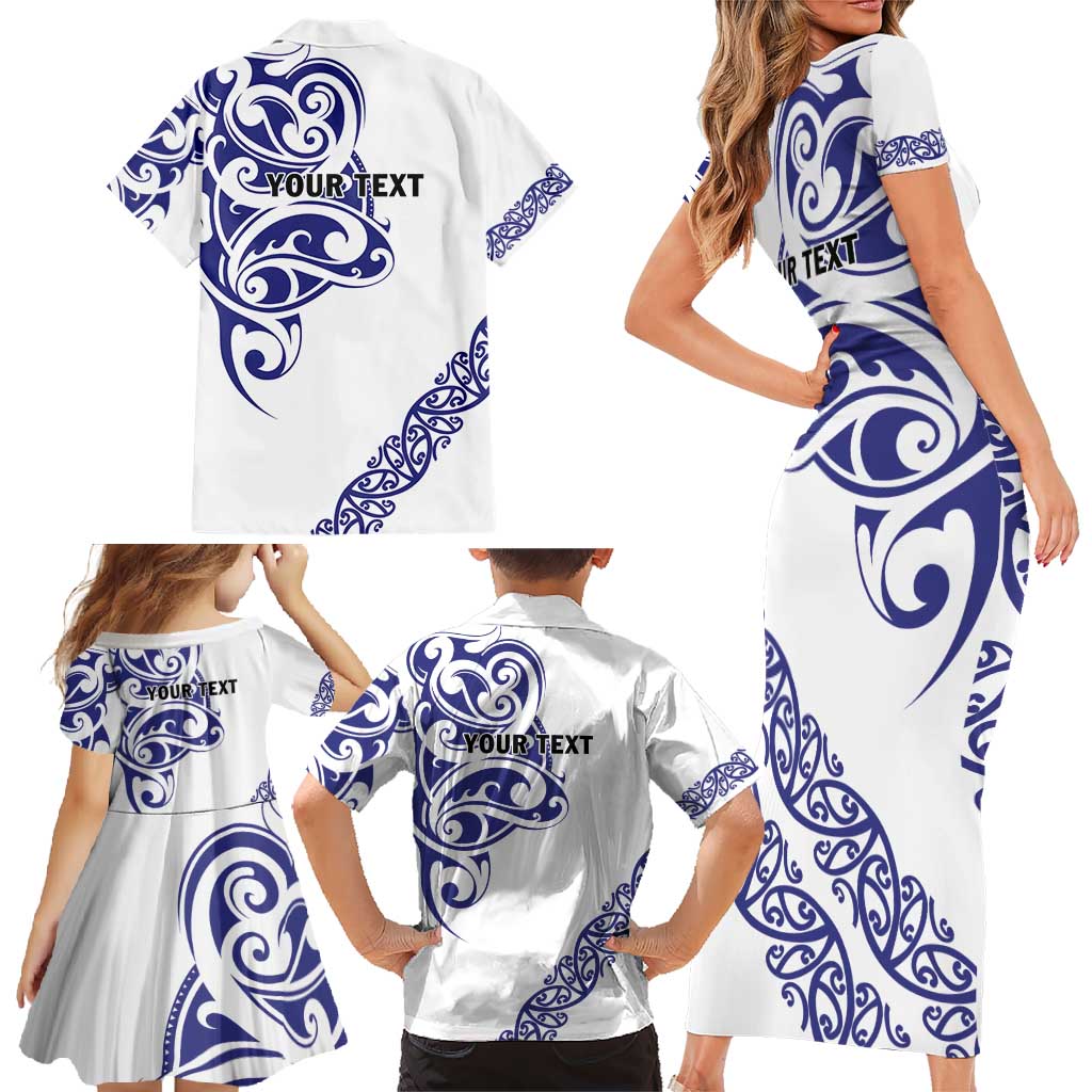 All White Maori Tribal Tattoo Personalised Family Matching Short Sleeve Bodycon Dress and Hawaiian Shirt Dark Blue Polynesian Style - Polynesian Pride
