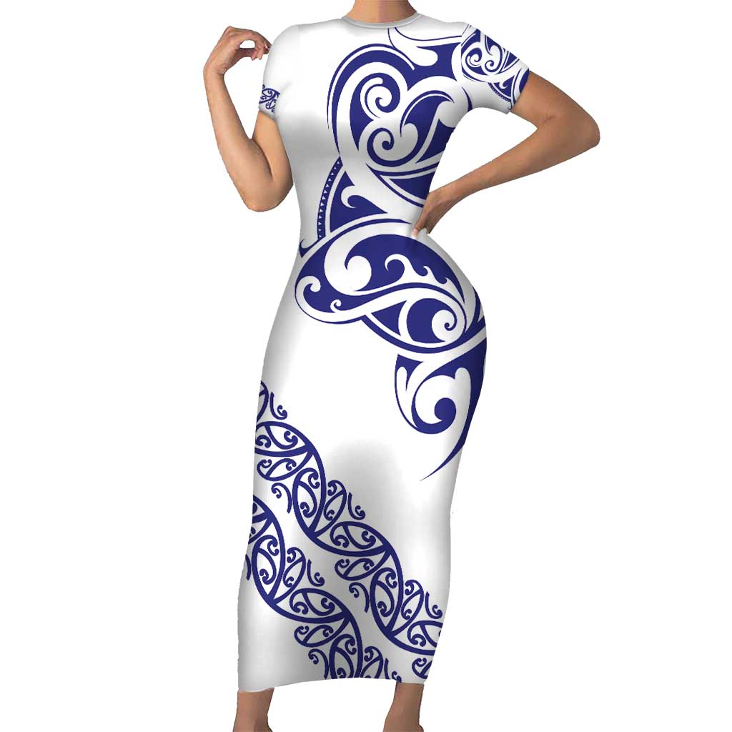 All White Maori Tribal Tattoo Personalised Family Matching Short Sleeve Bodycon Dress and Hawaiian Shirt Dark Blue Polynesian Style - Polynesian Pride