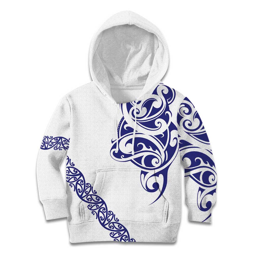 All White Maori Tribal Tattoo Personalised Kid Hoodie Dark Blue Polynesian Style - Polynesian Pride