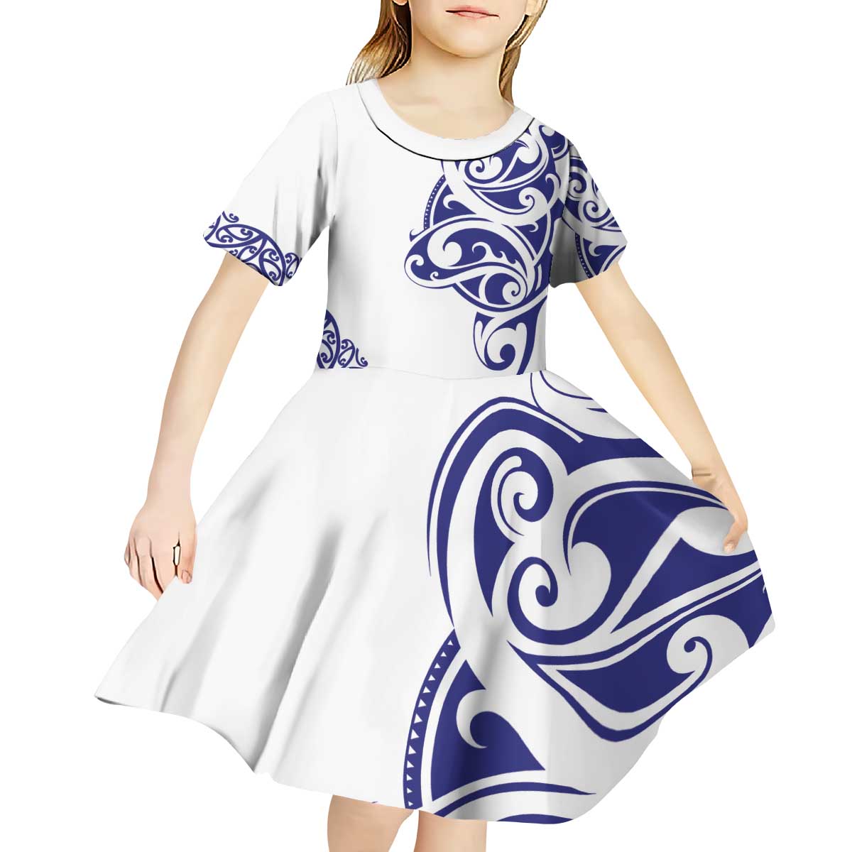 All White Maori Tribal Tattoo Personalised Kid Short Sleeve Dress Dark Blue Polynesian Style - Polynesian Pride