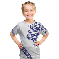All White Maori Tribal Tattoo Personalised Kid T Shirt Dark Blue Polynesian Style - Polynesian Pride