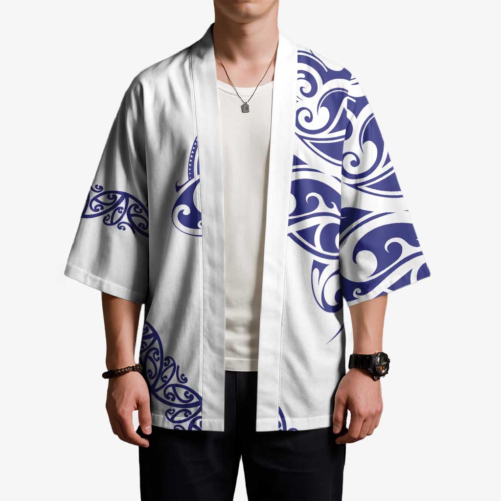 All White Maori Tribal Tattoo Personalised Kimono Dark Blue Polynesian Style - Polynesian Pride