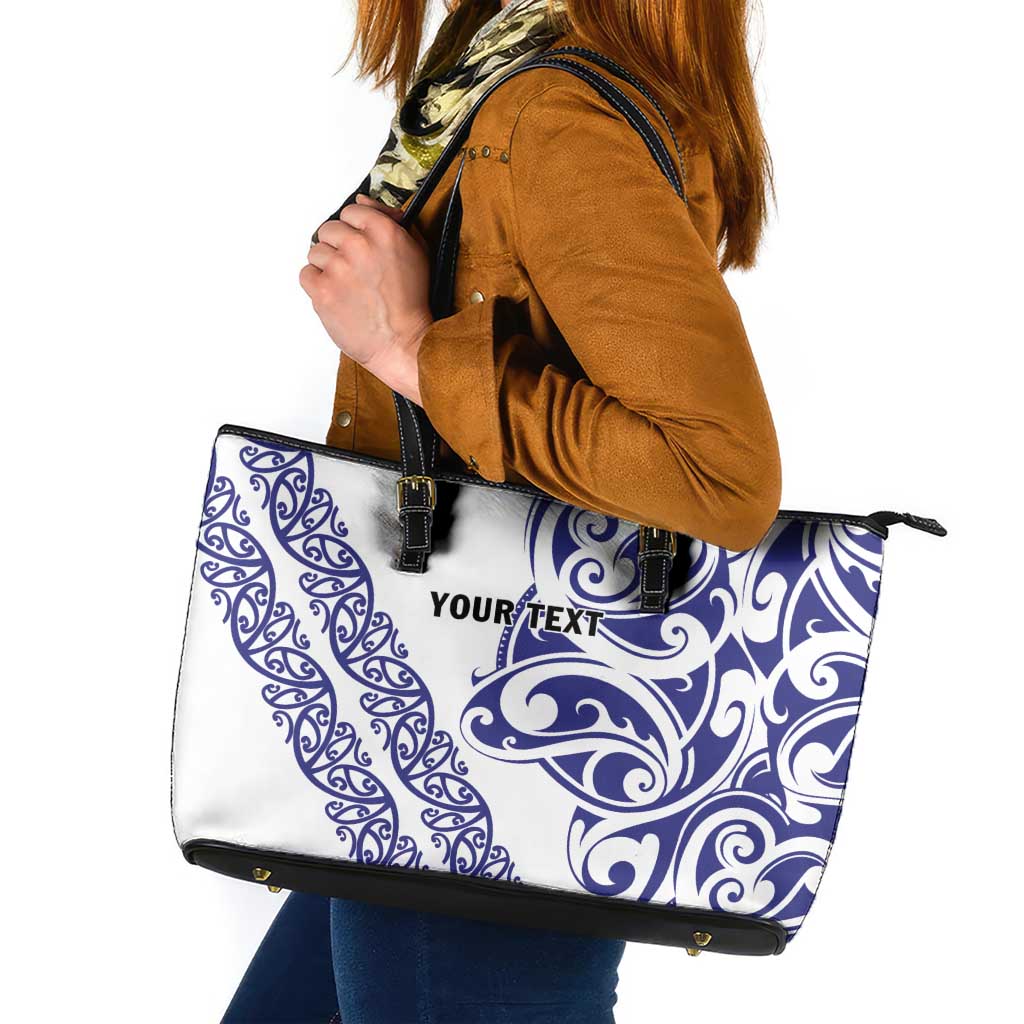 All White Maori Tribal Tattoo Personalised Leather Tote Bag Dark Blue Polynesian Style - Polynesian Pride